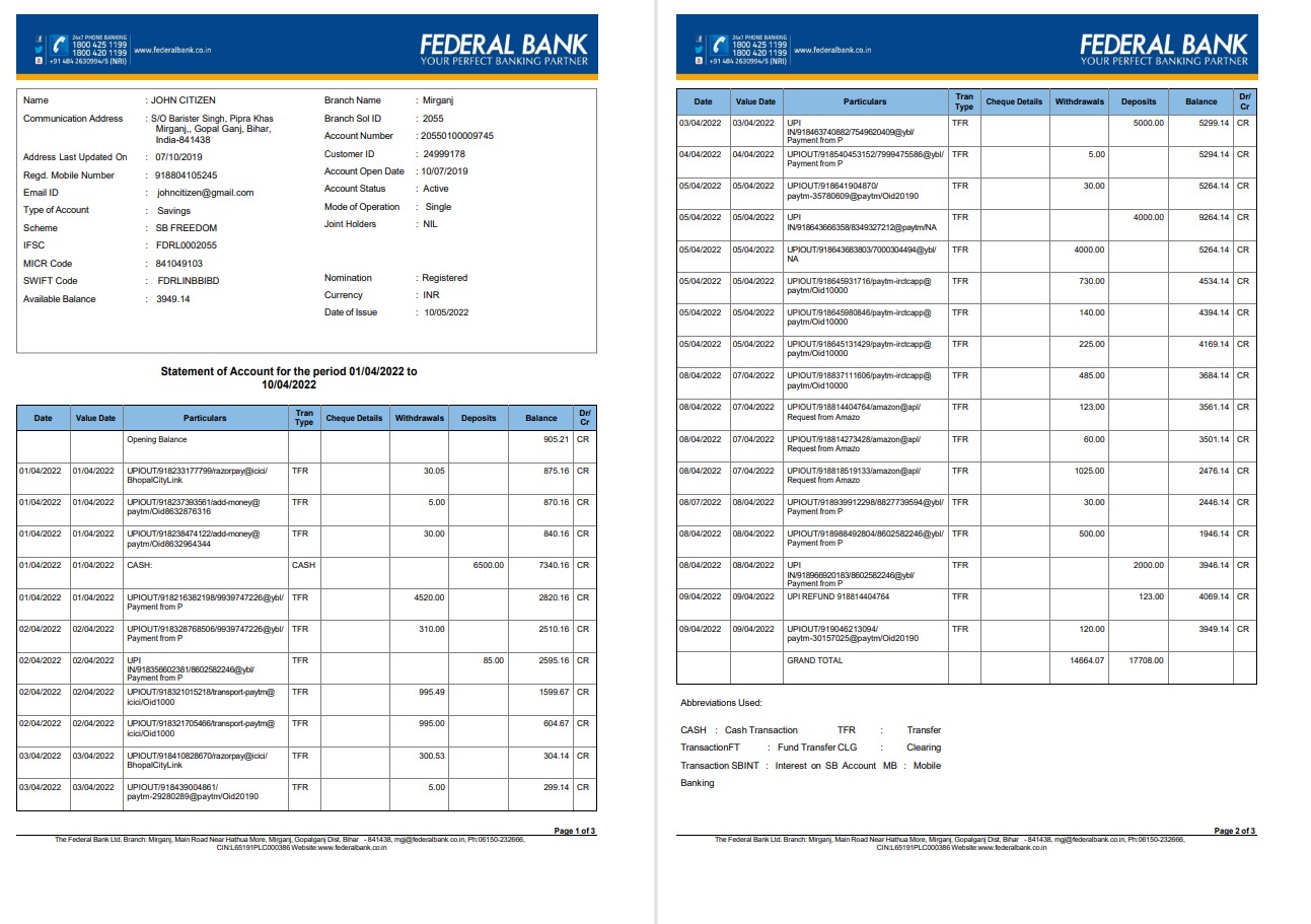 1ONE CARD Bank Statement - BankStatements.net